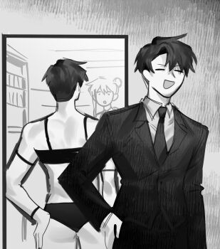 2boys bookshelf bra collared_shirt commentary_request cowboy_shot formal_clothes greyscale half-dressed_in_the_mirror_(meme) highres jacket korean_commentary lapels library_of_ruina long_sleeves male_focus meme monochrome multiple_boys necktie netzach_(project_moon) notched_lapels panties pants project_moon roland_(project_moon) shirt silyeogjeoha sketch solo_focus standing suit underwear