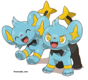 Rule 34 | animal focus, closed eyes, commentary request, fangs, gen 4 pokemon, highres, nintendo, no humans, open mouth, pokemon, pokemon (creature), rorosuke, shadow, shinx, simple background, smile, twitter username, white background, yellow eyes