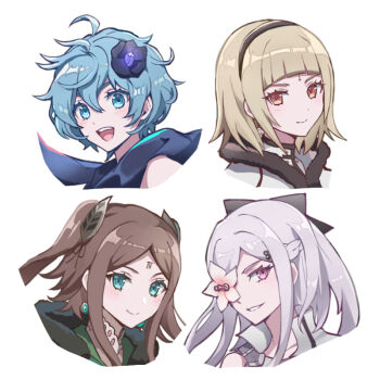4girls black_bow blonde_hair blue_eyes blue_hair bow brown_hair cropped_head drag-on_dragoon drag-on_dragoon_3 flower flower_over_eye forehead_tattoo four_(drag-on_dragoon) fur-trimmed_jacket fur_trim green_eyes grey_hair hair_bow hair_ornament jacket light_blush miichinori multiple_girls one_(drag-on_dragoon) open_mouth parted_lips pink_eyes red_eyes roman_numeral scarf short_hair smile tattoo twintails two_(drag-on_dragoon) zero_(drag-on_dragoon)