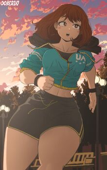 1girl absurdres alternate_costume aqua_jacket artist_name bench black_shorts blush_stickers boku_no_hero_academia bouncing_breasts breasts brown_eyes brown_hair clenched_hand cloud collarbone commentary cowboy_shot daimus_raw dolphin_shorts english_commentary highres hood hood_down hooded_jacket jacket jogging lamppost large_breasts linea_alba medium_hair midriff navel open_hand open_mouth outdoors park park_bench short_sleeves shorts sidelighting sky solo teeth thick_eyebrows thick_thighs thighs toned toned_female track_jacket tree twilight two-sided_fabric two-sided_jacket upper_teeth_only uraraka_ochako wristband