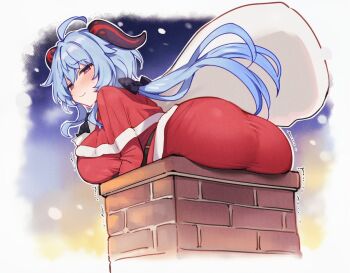 1girl ai-generated ass blue_hair blush breasts christmas embarrassed female_focus ganyu_(genshin_impact) genshin_impact horns huge_ass huge_breasts long_hair looking_back ponytail red_eyes solo stuck