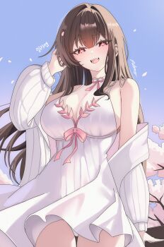 1girl absurdres arm_support artist_name bare_shoulders blue_sky branch breasts bright_pupils brown_hair cherry_blossoms cleavage collarbone commentary_request commission commissioner_name day dress falling_petals floating_hair hair_between_eyes hair_intakes hand_in_own_hair hand_up highres illien_(illien) jacket korean_commentary large_breasts long_hair long_sleeves looking_at_viewer open_mouth original panties petals pink_eyes pink_petals rudang second-party_source sidelocks signature sky smile solo teeth thighs tongue tree underwear upper_teeth_only very_long_hair white_dress white_jacket white_panties white_pupils wind wind_lift