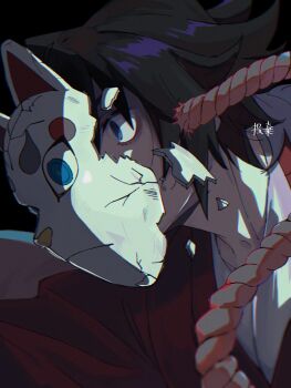 1boy black_background black_hair blue_eyes broken_mask covered_mouth empty_eyes fox_mask highres japanese_clothes kimetsu_no_yaiba kimono low_ponytail male_focus mask ponytail red_kimono rope simple_background solo spiked_hair tomioka_giyuu toukinigo upper_body