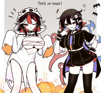 +++ 2girls absurdres alternate_costume asymmetrical_wings bat_(animal) black_dress black_hair black_thighhighs blue_wings breasts bright_pupils candle chest_sarashi colored_inner_hair commentary_request cone_horns dress feet_out_of_frame ghost_costume grey_background halloween halloween_costume highres hood hood_up horns horns_through_hood houjuu_nue interlocked_fingers jack-o&#039;-lantern kijin_seija large_breasts looking_at_viewer medium_breasts multicolored_hair multiple_girls one_eye_closed open_mouth pointy_ears pumpkin red_eyes red_hair red_wings sarashi shen_bi_ren_(user_rjgy2824) short_dress short_hair short_sleeves small_horns smile streaked_hair thighhighs tomoe_(symbol) touhou trick_or_treat white_hair white_horns white_pupils wings