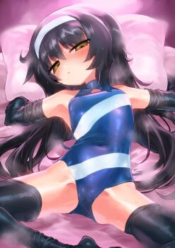 1girl bed black_hair black_thighhighs cameltoe covered_navel elbow_gloves female_focus girls_und_panzer gloves hairband highres kyuusui_gakari loli lying on_back on_bed one-piece_swimsuit pillow reizei_mako solo spread_legs swimsuit thighhighs thighs