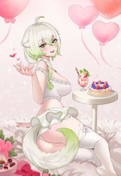 Rule 34 | 1girl, ahoge, animal ears, ass, balloon, braid, braided ponytail, breasts, cake, chocolate, cleavage, ferret ears, ferret girl, ferret tail, food, fruit, green eyes, green hair, green tail, heart, heart balloon, highres, ice cream, indie virtual youtuber, laimu (vtuber), legs, looking at viewer, multicolored hair, naya moonfang, open mouth, strawberry, strawberry cake, tail, thighhighs, thighs, two-tone hair, two-tone tail, virtual youtuber, white hair, white tail, white thighhighs
