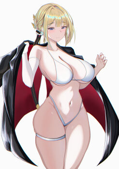 1girl absurdres bikini black_jacket blonde_hair blush braid braided_bun breasts cabbage_ex chromatic_aberration cleavage clenched_hand closed_mouth collarbone commentary cowboy_shot earrings elbow_gloves evelyn_chevalier fingernails gloves grey_background groin hair_bun halterneck hands_up highres holding holding_jacket holding_unworn_clothes jacket jacket_on_shoulders jewelry large_breasts looking_at_viewer mole mole_under_eye navel purple_eyes ring_hair_ornament short_hair simple_background single_bare_shoulder single_earring single_elbow_glove single_hair_bun skindentation smile solo standing stomach string_bikini swimsuit thigh_strap two-sided_fabric two-sided_jacket underboob unworn_jacket variant_set white_background white_bikini white_gloves zenless_zone_zero