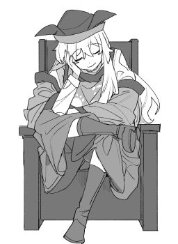 Rule 34 | 1girl, boots, closed eyes, closed mouth, commentary request, detached sleeves, facing viewer, greyscale, hat, highres, knee boots, long hair, long sleeves, matara okina, mero (starfish jcs), monochrome, sitting, skirt, solo, sun print, tabard, touhou, very long hair