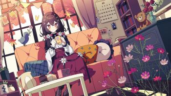 1girl analog_clock bird black_hair book bookshelf boots bug bunting butterfly cake calendar_(object) chest_of_drawers clock commentary_request commission couch crossed_bangs cup curtains cushion detached_sleeves flower food hair_ornament high-waist_skirt holding holding_cup indoors insect lace-up_boots leaf low_twintails mug original pink_flower pitcher_(container) red_flower red_nails red_rose red_skirt rose shelf skeb_commission skirt smile solo stuffed_animal stuffed_toy table teddy_bear twintails umesaka_huru vase white_flower x_hair_ornament yellow_butterfly