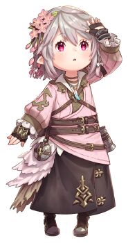 Rule 34 | 1girl, :o, arm up, black gloves, black skirt, boots, brown boots, commentary request, commission, double-parted bangs, final fantasy, final fantasy xiv, fingerless gloves, flower, full body, gloves, grey hair, hair between eyes, hair flower, hair ornament, lalafell, long sleeves, open mouth, pink flower, pink shirt, red eyes, shirt, short hair, shuu (syuuuuuuuuuu), simple background, skeb commission, skirt, solo, standing, warrior of light (ff14), white background