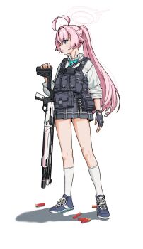 1girl ahoge ammunition ammunition_pouch beretta_1301 black_gloves black_skirt blue_archive blue_eyes blue_necktie blue_shoes bulletproof_vest collared_shirt commentary english_commentary fingerless_gloves full_body gloves gun gun_sling halo heterochromia highres hitomoji_momotarou hoshino_(armed)_(blue_archive) hoshino_(blue_archive) huge_ahoge kneehighs long_hair miniskirt necktie pink_hair pink_halo plaid_clothes plaid_skirt ponytail pouch school_uniform shirt shoes shotgun shotgun_shell simple_background skirt sleeves_rolled_up socks solo tactical_school_uniform weapon white_background white_shirt white_socks yellow_eyes