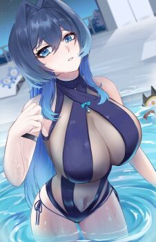 1girl absurdres alarm_clock blue_eyes blue_hair breasts brulee cleavage clock cosplay hat highres hololive hololive_english kronie_(ouro_kronii) large_breasts long_hair looking_at_viewer one-piece_swimsuit ouro_kronii perfume_(takanashi_kiara) pool poolside see-through_clothes see-through_one-piece_swimsuit solo solo_focus swimsuit takanashi_kiara takanashi_kiara_(cosplay) top_hat virtual_youtuber