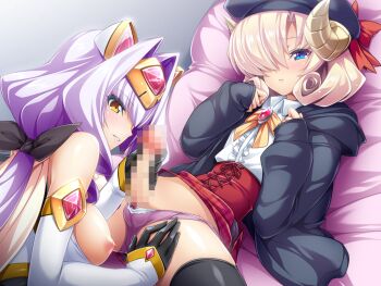 Rule 34 | 1boy, 1girl, age difference, azarin (kouyoku senki exs-tia), bare shoulders, beret, black gloves, blonde hair, blue eyes, blush, bow, bow panties, breasts, censored, clothes lift, crossdressing, detached sleeves, elbow gloves, exs-tia magica, game cg, gloved handjob, gloves, hair intakes, hair over one eye, handjob, hat, headgear, hetero, horns, inoino, kouyoku senki exs-tia, large breasts, large variant set, long hair, looking at viewer, lying, mosaic censoring, nipples, non-web source, official art, on back, onee-shota, panties, parted lips, penis, penis in panties, picologil, purple hair, purple panties, ribbon, sheep horns, short hair, skirt, skirt lift, smile, spread legs, thighhighs, trap, underwear, variant set, yellow eyes, yellow trim