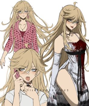 Rule 34 | 1girl, blonde hair, blood, blood on clothes, blood on mouth, commentary, cosplay, criis-chan, dress, earrings, elbow gloves, gloves, grey eyes, heart, heart earrings, heart print, holding, holding phone, hood, hoodie, jennifer's body, jennifer check, jennifer check (cosplay), jewelry, long hair, multiple views, necklace, panty &amp; stocking with garterbelt, panty (psg), phone, pink hoodie, red shirt, shirt, side slit, sleeveless, sleeveless dress, smile, twitter username, very long hair, white dress, white gloves, white shirt