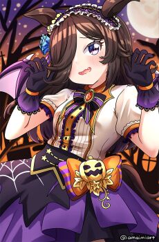 1girl amaimi animal_ears bat_wings black_gloves blue_flower blue_rose blush bow breasts brown_hair claw_pose fangs flipped_hair flower frilled_hairband frills full_moon gloves hair_over_one_eye hairband halloween halloween_costume horse_ears horse_girl horse_tail jack-o&#039;-lantern_ornament lace lace-trimmed_gloves lace_trim long_hair looking_at_viewer moon night night_sky official_alternate_costume open_mouth puffy_short_sleeves puffy_sleeves purple_eyes purple_wings rice_shower_(make_up_vampire!)_(umamusume) rice_shower_(umamusume) rose shirt short_sleeves skirt sky solo tail umamusume vampire_costume white_shirt wings