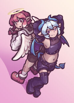 angel angel_boy angel_halo angel_wings boots collar crop_top crossdressing demon demon_boy demon_horns demon_tail demon_wings detached_sleeves fang femboy horns japanese_clothes kuu pink_eyes pink_hair pointy_ears purple_eyes sailor_fuku school_uniform shorts shota sulfur tail thigh_boots thong trap white_hair wings yazawa_akio