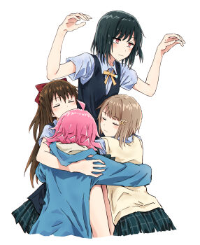 4girls :| =_= ahoge arms_up black_hair black_vest blue_jacket blue_shirt blunt_bangs blunt_ends bob_cut bow brown_hair closed_eyes closed_mouth collared_shirt commentary crescent crescent_hair_ornament dress_shirt green_skirt group_hug hair_between_eyes hair_bow hair_ornament hairclip half_updo highres hood hooded_jacket hug jacket jitome long_hair long_sleeves love_live! love_live!_nijigasaki_high_school_idol_club medium_hair mifune_shioriko miniskirt multiple_girls nakasu_kasumi neck_ribbon nijigasaki_1st_years nijigasaki_school_uniform orange_eyes osaka_shizuku pink_hair plaid_clothes plaid_skirt pleated_skirt red_bow revision ribbon school_uniform shirt short_hair short_sleeves sidelocks simple_background skirt summer_uniform swept_bangs tennoji_rina vest white_background yellow_ribbon yukitake_(bullfalk)