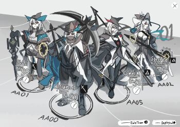 Rule 34 | 1boy, 3girls, absurdres, arknights, arknights: endfield, chainsaw, full body, gladiia (arknights), highres, holding, holding chainsaw, holding polearm, holding sword, holding weapon, long hair, looking at viewer, mahimeko, mask, mouth mask, multiple girls, polearm, profile, red eyes, shark girl, short hair, skadi (arknights), specter (arknights), specter the unchained (arknights), sword, ulpianus (arknights), weapon, white hair