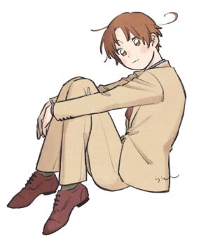 1boy ahoge axis_powers_hetalia blush brown_hair brown_necktie brown_shoes buttons closed_mouth commentary_request formal_clothes from_side full_body grey_socks highres jacket lapels long_sleeves looking_at_viewer male_focus mi_aph_to necktie northern_italy_(hetalia) orange_eyes pants shoes short_hair simple_background sitting smile socks solo suit suit_jacket white_background yellow_jacket yellow_pants