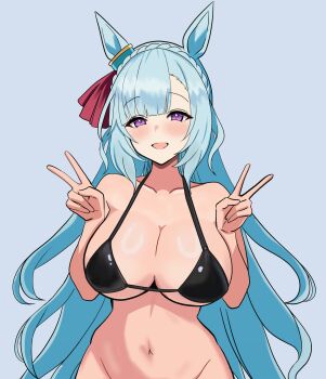 Rule 34 | 1girl, absurdres, bikini, black bikini, blue hair, blush, braid, breasts, crown braid, g bael suomi, highres, large breasts, looking at viewer, mejiro ardan (umamusume), navel, no panties, purple eyes, smile, solo, swimsuit, umamusume, v