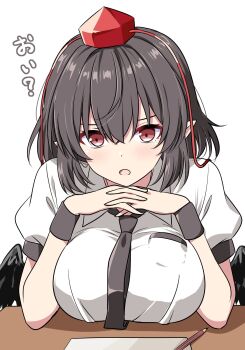 1girl bird_wings black_wings breast_rest breasts brown_hair collared_shirt commentary hat highres interlocked_fingers large_breasts looking_at_viewer medium_hair open_mouth own_hands_together pointy_ears puffy_short_sleeves puffy_sleeves red_eyes red_hat rise_(rise19851203) shameimaru_aya shirt short_sleeves simple_background solo tokin_hat touhou translation_request white_background white_shirt wings