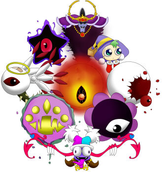 aura closed_mouth dark_matter_(kirby) dark_mind dark_nebula drawcia drawcia_soul expressionless eyeball glasses green_eyes grill_(kirby) gryll_(kirby) halo hat highres kirby&#039;s_adventure kirby&#039;s_dream_land_2 kirby&#039;s_dream_land_3 kirby&#039;s_star_stacker kirby_(series) kirby_64 kirby_&amp;_the_amazing_mirror kirby:_canvas_curse kirby:_squeak_squad kirby_super_star kirby_super_star_ultra looking_to_the_side marx_(kirby) marx_soul monster nightmare_(kirby) nintendo one-eyed red_eyes simple_background star_(symbol) sunglasses tongue tongue_out trait_connection white_background witch_hat zero_(kirby) zero_two_(kirby)