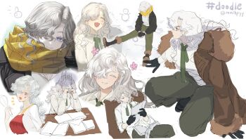 1girl ^_^ apron black_boots black_gloves black_jacket boots closed_eyes curly_hair elbows_on_table gloves green_necktie green_pants hair_over_one_eye hands_on_own_face highres holding holding_paper jacket long_hair mmihpyy multiple_views necktie on_one_knee one_eye_covered pants paper purple_eyes reading red_apron reverse:1999 scarf shirt sitting sketch smile white_background white_shirt windsong_(reverse:1999) yellow_scarf