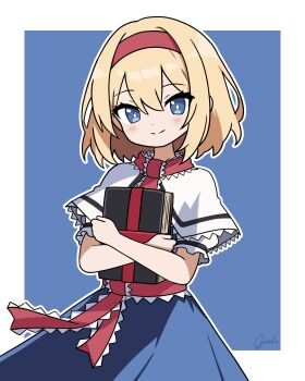 1girl absurdres alice_margatroid blonde_hair blue_dress blue_eyes blush book capelet closed_mouth commentary_request dress frilled_sash garloo grimoire grimoire_of_alice hairband highres holding holding_book looking_at_viewer outline red_hairband sash signature smile solo touhou white_capelet white_outline