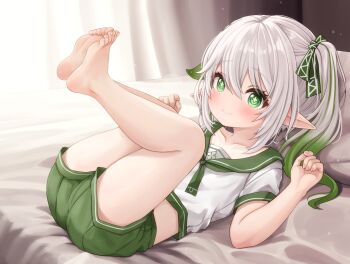 1girl bare_legs barefoot blush closed_mouth collarbone commentary comodox cross-shaped_pupils english_commentary feet genshin_impact gradient_hair green_eyes green_hair green_sailor_collar green_shorts grey_hair hands_up highres indoors large_variant_set legs_up long_hair looking_at_viewer lying multicolored_hair nahida_(genshin_impact) on_back on_bed paid_reward_available pointy_ears sailor_collar sailor_shirt shirt short_shorts short_sleeves shorts side_ponytail smile soles solo streaked_hair symbol-shaped_pupils toes variant_set white_shirt
