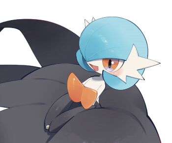 1other alternate_color black_dress blue_hair blush colored_skin dress gardevoir gen_3_pokemon mega_gardevoir mega_pokemon nintendo open_mouth pokemon pokemon_(creature) pokemon_focus red_eyes shiny_pokemon simple_background smile tearing_up white_background white_skin yumeminoideyu2