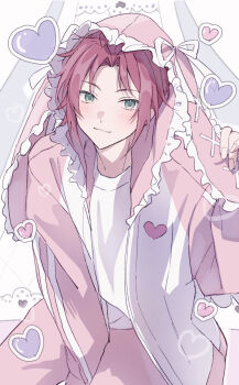 1boy :3 alternate_costume animal_ears animal_hood bangs_pinned_back blush bow commentary ensemble_stars! frilled_hood frills green_eyes hand_on_own_ear hand_up heart highres hood hooded_jacket isara_mao jacket light_blush looking_at_viewer male_focus pink_jacket rabbit_ears rabbit_hood red_hair reijiro shirt short_hair sidelocks sitting solo white_bow white_shirt
