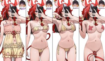 2girls animal_ears babydoll bikini black_hair blue_eyes bow breasts eyepatch_bikini hakos_baelz hakos_baelz_(strawberry_onesie) highres holding holding_phone hololive hololive_english large_breasts long_hair mouse_ears mouse_tail mr_thecatman multicolored_hair multiple_girls navel ninomae_ina&#039;nis pasties phone red_hair shorts side-tie_bikini_bottom swimsuit tail tail_censor virtual_youtuber white_hair yellow_babydoll yellow_bikini yellow_bow yellow_shorts