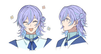 Rule 34 | 1boy, :o, blue bow, blue bowtie, blue coat, blue hair, bow, bowtie, closed eyes, coat, colored inner hair, commentary, cropped shoulders, facing viewer, green eyes, hair bun, highres, hoshirube sho, hoshirube sho (2nd costume), looking to the side, male focus, moku (kedr2558), multicolored hair, multiple views, nijisanji, official alternate hairstyle, open mouth, portrait, purple hair, shirt, short hair, simple background, single side bun, streaked hair, virtual youtuber, white background, white shirt