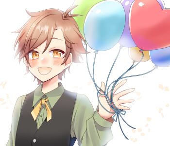 1boy :d absurdres antenna_hair balloon black_vest brown_hair character_request commentary_request green_shirt heart_balloon highres holding holding_balloon indie_virtual_youtuber male_focus open_mouth sakura_yuto shirt smile solo vest white_background yellow_eyes