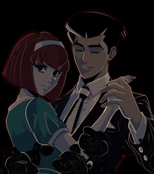 1boy 1girl black_background black_eyes black_flower black_hair black_jacket black_rose bright_pupils closed_mouth collared_shirt dancing dress flower green_dress hairband hetero highres jacket long_sleeves megadeus_mommy necktie pale_skin r_dorothy_wayneright red_hair roger_smith rose shirt short_hair sideburns striped_clothes the_big_o upper_body vertical-striped_clothes vertical-striped_necktie white_hairband white_pupils white_shirt