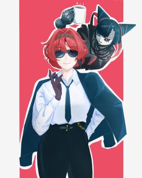 1girl absurdres arm_behind_back wallet_chain black_gloves black_hair black_hairband black_jacket black_necktie black_pants bocc_29 breasts bright_pupils collared_shirt commentary cowboy_shot cup disembodied_hand doll earrings english_commentary gloves grey_background hair_intakes hairband highres holding holding_cup jacket jacket_on_shoulders jewelry looking_at_another looking_at_viewer mechanical_hands medium_breasts necktie official_alternate_costume open_clothes open_jacket pants pointy_ears purple_eyes red_background red_hair shirt short_hair sidelocks single_earring single_mechanical_hand smile solo sunglasses twitter_username two-tone_background white_pupils white_shirt wuthering_waves yinlin_(wuthering_waves) zapstring_(wuthering_waves)