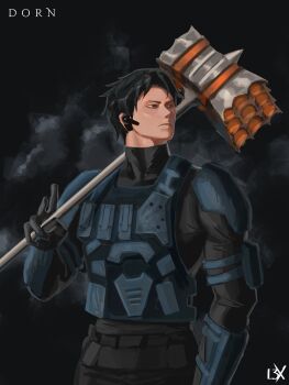 1boy absurdres armor black_gloves black_hair brown_eyes commentary dorn_(shadow_slave) english_commentary gloves hammer headset highres holding holding_hammer jacket l3xarts_17 looking_to_the_side male_focus military_jacket over_shoulder serious shadow_slave short_hair shoulder_armor solo vest weapon weapon_over_shoulder