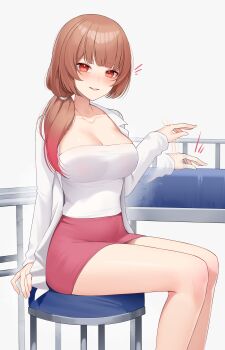 1girl absurdres breasts brown_hair cleavage collarbone colored_tips highres jacket jewelry long_hair motion_blur multicolored_hair necklace open_clothes open_jacket original pink_hair pink_skirt red_eyes shirt sitting skirt solo vaughnilla white_jacket white_shirt