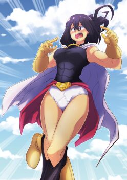 Rule 34 | 1girl, absurdres, armpits, belt, black hair, blush, boku no hero academia, boots, breasts, briefs, cape, city, classic fly briefs, clothes pull, crossdressing, crossdressing (ftm), day, embarrassed, emphasis lines, euf-dreamer, eyelashes, female focus, floating, full body, gloves, gluteal fold, hair between eyes, highres, humiliation, large breasts, legs, male underwear, mature female, medium hair, midriff, muscular, muscular arms, muscular female, neck, open mouth, outdoors, pants, pants pull, ponytail, purple eyes, shimura nana, shiny clothes, shiny skin, shirt, short ponytail, sidelocks, sky, sleeveless, sleeveless shirt, superhero costume, thighs, underwear, wardrobe malfunction, white briefs, white cape, yellow gloves
