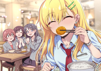 3girls :d black_hair blonde_hair blue_shirt blush bowl brown_eyes brown_hair cafeteria chair chopsticks closed_eyes collarbone commentary_request croquette earrings eating grey_eyes grey_jacket grey_shirt hair_ornament hairclip heart holding holding_chopsticks indoors jacket jewelry looking_at_another multiple_girls nakahira_guy necktie open_mouth original red_necktie rice rice_bowl school_uniform shirt sitting smile stud_earrings table watch wristwatch