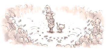 armband belt carrot_(pepper&amp;carrot) cat checkered_armband checkered_clothes checkered_leg_warmers clapping closed_eyes coin david_revoy glasses hand_on_own_chest hat leg_warmers long_sleeves miniskirt money multiple_boys multiple_girls multiple_others pepper&amp;carrot pepper_(pepper&amp;carrot) puffy_sleeves shirt skirt witch_hat