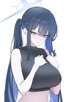 1girl absurdres alternate_hairstyle blue_archive blue_eyes blue_hair blue_halo blue_nns09 blush breasts colored_inner_hair embarrassed halo hashtag-only_commentary highres large_breasts long_hair midriff multicolored_hair saori_(blue_archive) simple_background sketch solo twintails twintails_day upper_body white_background