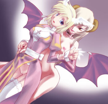 2000s_(style) 2girls blonde_hair blue_eyes breasts brown_eyes commentary_request completely_nude cowboy_shot cross cross_necklace demon_girl demon_wings dress dutch_angle fake_wings feathered_wings garter_straps head_wings high_priest_(ragnarok_online) holding_another&#039;s_wrist jewelry juliet_sleeves large_breasts long_hair long_sleeves looking_at_another medium_breasts multiple_girls necklace niginigi nipples no_panties nude open_mouth puffy_sleeves purple_background purple_dress pussy ragnarok_online red_wings sash short_hair smile succubus_(ragnarok_online) thighhighs two-tone_dress uncensored white_dress white_sash white_thighhighs white_wings wings yuri