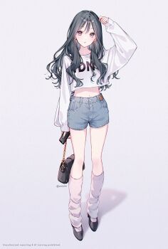 1girl :o arm_up bag black_bag black_hair black_shoes blush cellphone character_request commentary copyright_request fingernails full_body grey_eyes hair_between_eyes handbag highres holding holding_phone leg_warmers long_hair long_sleeves looking_at_viewer midriff nail_polish navel phone shadow shirt shoes shorts simple_background skinny smartphone socks solo standing tadano_yukiko thighs twitter white_shirt white_socks