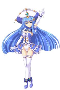 1girl aoi_masami arm_up arty_rain blue_bow blue_eyes blue_hair bow breasts cleavage doumyouji_kotetu dress elbow_gloves frilled_dress frilled_leotard frilled_thighhighs frills full_body game_cg gloves hair_ornament hairclip hat highres index_finger_raised large_breasts large_variant_set leotard long_hair looking_at_viewer non-web_source official_art pointing pointing_up showgirl_skirt skirt smile solo standing thighhighs transparent_background ts_magical_girl_nao variant_set very_long_hair white_gloves white_thighhighs