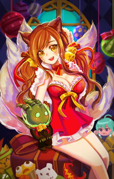 1girl :< ahri_(league_of_legends) alternate_costume alternate_hairstyle animal_ears black_hair breasts capelet christmas christmas_ornaments cleavage crossed_legs dress facial_mark female_focus fire fox_ears fox_tail frilled_dress frills gift_wrapping hat highres layered_dress league_of_legends looking_at_viewer lulu_(league_of_legends) open_mouth ribbon short_dress sinbe sitting smile solo sona_(league_of_legends) tail teemo thresh_(league_of_legends) twintails volibear whisker_markings window witch_hat yellow_eyes