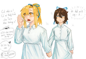 2girls ? black_hairband blush collared_dress commentary dress gmeg011 green_ribbon hair_between_eyes hair_ribbon hairband highres holding_hands koishikawa_iko long_sleeves lower_teeth_only momijiyama_teru multiple_girls orange_eyes ribbon shy_(series) simple_background sweat symbol-only_commentary teeth translation_request white_background white_dress