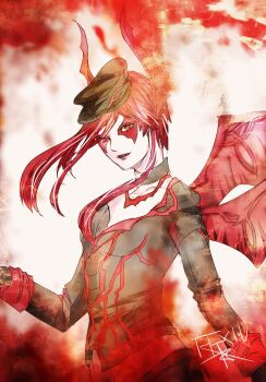 Rule 34 | 1girl, bat wings, black choker, black hat, black jacket, character request, choker, copyright name, final fantasy, final fantasy xiv, floating hair, hat, head wings, jacket, long hair, long sleeves, mini hat, navel, peaked cap, red eyes, red hair, red wings, ruka (blueplus84), sleeve cuffs, solo, wings