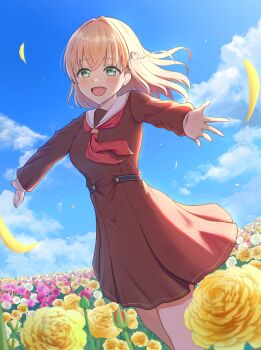 1girl absurdres blonde_hair blue_sky breasts brown_dress cloud commentary_request day dress dutch_angle feet_out_of_frame field flower flower_field green_eyes hair_ornament hasu_no_sora_school_uniform highres hinoshita_kaho link!_like!_love_live! long_sleeves looking_at_viewer love_live! medium_breasts medium_dress neckerchief outstretched_arms panaham pink_flower pleated_dress rabbit_hair_ornament ranunculus red_neckerchief sailor_collar sailor_dress school_uniform sky solo two_side_up virtual_youtuber white_flower white_sailor_collar winter_uniform yellow_flower