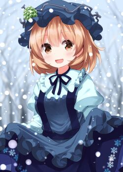 1girl :d aki_minoriko alternate_color apron blonde_hair blue_apron blue_hat blue_ribbon blue_shirt blue_skirt blurry blurry_background blush collared_shirt commentary cowboy_shot day frilled_shirt_collar frills hat highres juliet_sleeves long_sleeves looking_at_viewer mob_cap neck_ribbon open_mouth orange_eyes outdoors puffy_sleeves ribbon ruu_(tksymkw) shirt short_hair skirt skirt_hold smile snowing solo suspender_skirt suspenders touhou winter